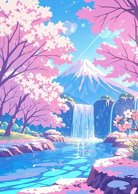 Anime Landscape Sakura Mount Fuji with Cherry Blossoms Japan