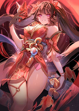 Anime Girl with Fox Mask and Goldfish