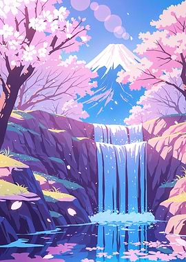 Anime Background Sakura Waterfall with Cherry Blossoms Landscape Japan