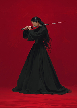 Asian Woman with Sword on Red Background