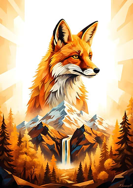 Fox and Mountain Landscape Art