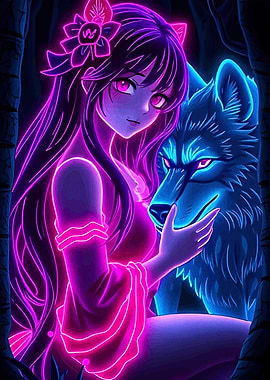 Neon Anime Girl with Wolf