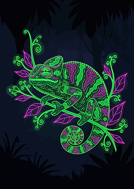 Neon Chameleon on Branch Illustration