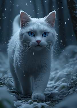 White Cat in Winter Snowfall