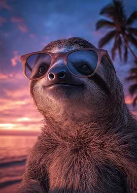 Cool Sloth on Beach at Sunset