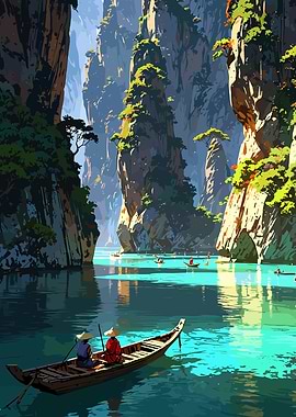 Asian Landscape with Boats and Cliffs