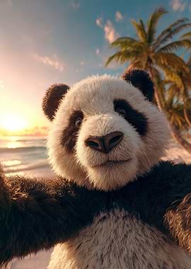 Panda Selfie on Tropical Beach Sunset