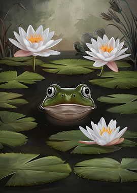 Frog in a pond with water lilies