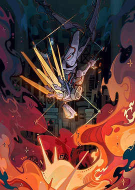 Falling Robot in Fiery Cityscape