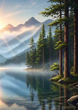 calm Lake green forest pine trees in mist and Mountain range Landscape