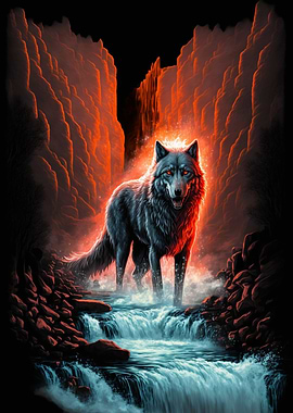Fiery Wolf in Canyon Waterfall