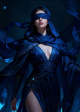 Blindfolded Woman in Blue Hooded Dress