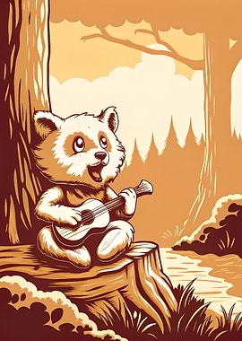 Baby Wolf Playing Guitar in Forest