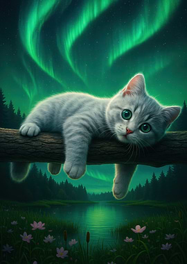 Cat under the Northern Lights