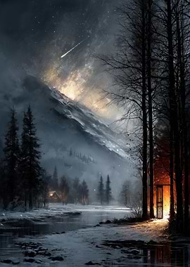 Winter Landscape with Cabin and Meteor