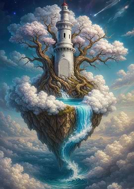 Floating Island Lighthouse with Waterfall