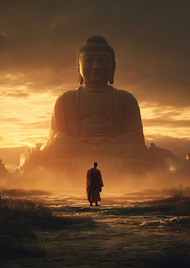 Monk and Buddha Statue at Sunset