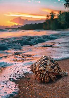 Hermit Crab on Beach at Sunset
