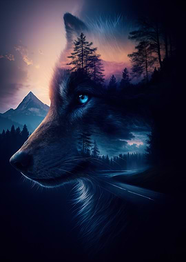 Wolf and Forest Double Exposure Art