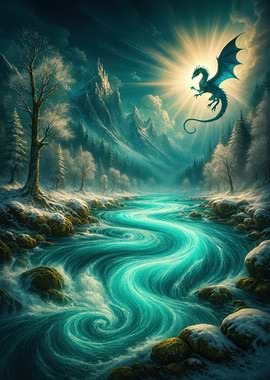 Dragon over Turquoise River Landscape