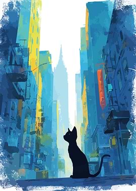 Black Cat in Cityscape Painting