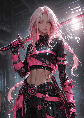 Cyberpunk Pink-Haired Warrior with Katana