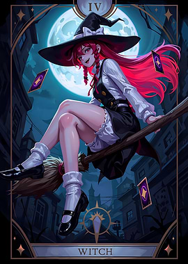 Anime Witch on Broomstick Tarot Card