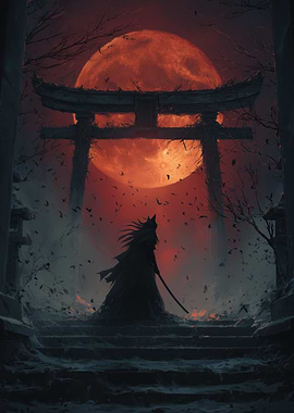 Samurai Cat Under Red Moon