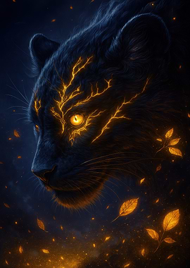 Glowing Panther with Autumn Leaves
