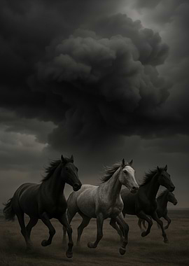 Horses Running Under Stormy Sky