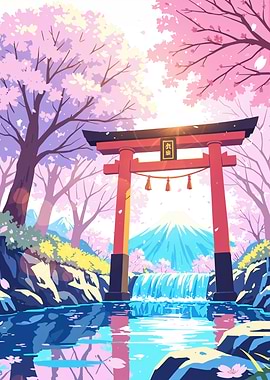Anime Background Japanese Torii Gate with Cherry Blossoms Sakura Japan