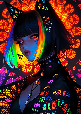 Colorful Anime Girl with Cat Ears