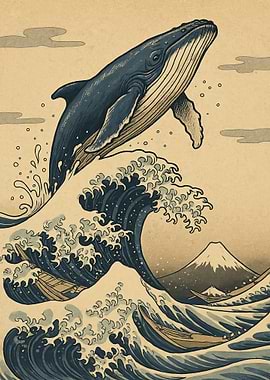 Whale leaping over a wave