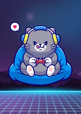 Cartoon Cat Gamer in Retro Style
