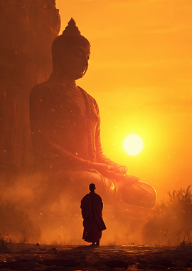 Monk and Buddha Statue at Sunset