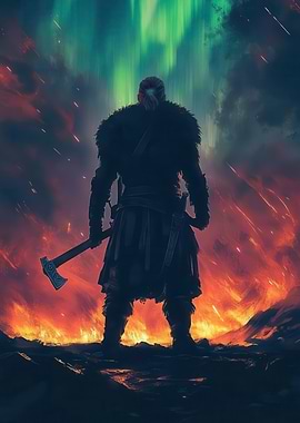 Viking Warrior in Fiery Landscape