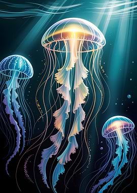 Glowing Jellyfish in Deep Blue Sea