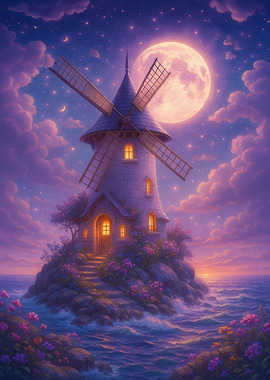 Fantasy Windmill Island Under Moonlight