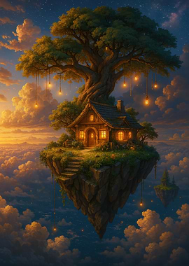 Floating Island House with Glowing Lights