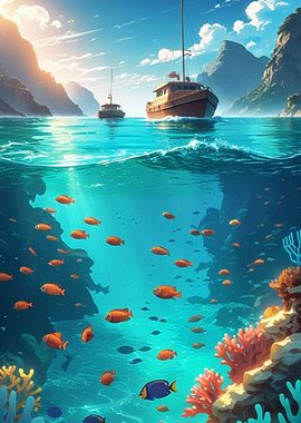 Ocean Scene with Boats and Fish