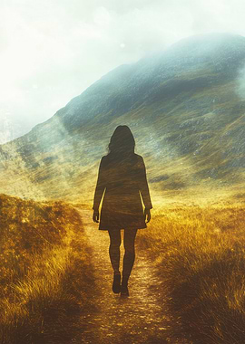 Woman walking on path, mountain background
