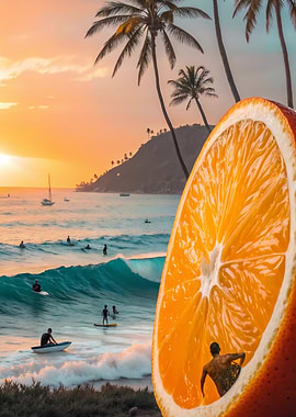 Surreal Beach Scene with Orange Slice