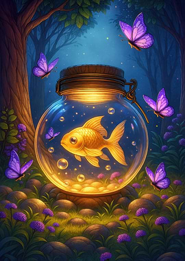 Goldfish in Jar with Butterflies