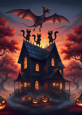 Halloween Haunted House with Cats and Dragon