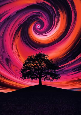 Tree Silhouette with Swirling Sky