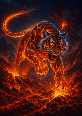 Fiery Tiger in Volcanic Landscape