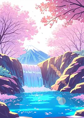 Anime Background Sakura Waterfall and Cherry Blossoms Landscape Japan