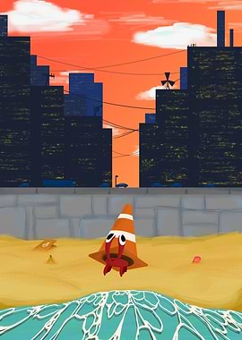 Crab with traffic cone on beach