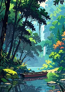 Boat on River in Lush Forest