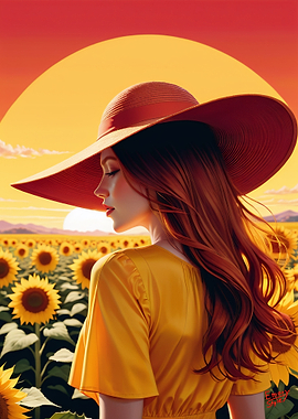 Sunrise - Woman in Sunflower Field with Hat